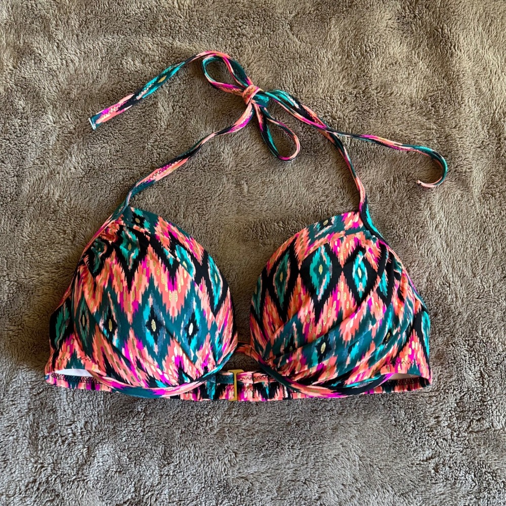 Shade & Shore Women Ikat Geometric Underwire Halter Bikini Top Pink Teal 34C